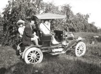 Car in apple orchard